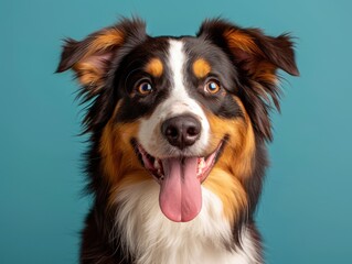 Fototapeta premium A portrait of a happy border collie with its tongue out against a blue background. The dog shows expressive eyes and perky ears, creating a joyful and vibrant image.