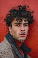 A portrait of a man with curly hair and a cozy sweater