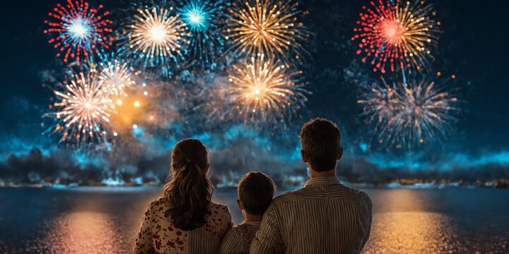 Family three - man Family watching fireworks display,
