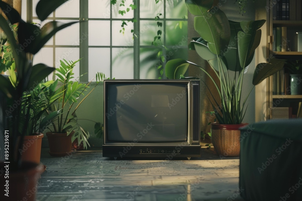 Poster a small tv sits on top of a tiled floor, ready for use