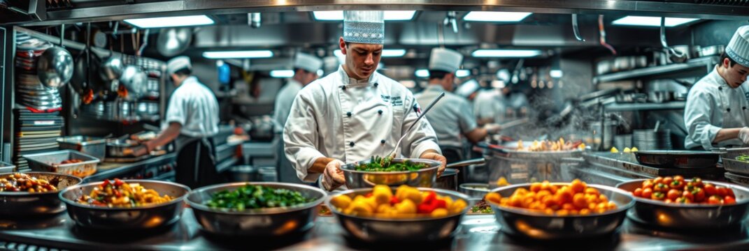 A bustling professional kitchen with chefs in action preparing an array of colorful and diverse dishes for a high-profile culinary event