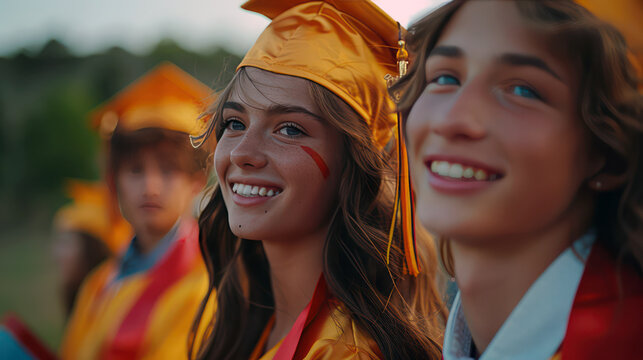 High school graduates signing each other&rsquo;s yearbooks while celebrating their college acceptance, wearing graduation caps and holding college pennants, nostalgic and hopeful mood