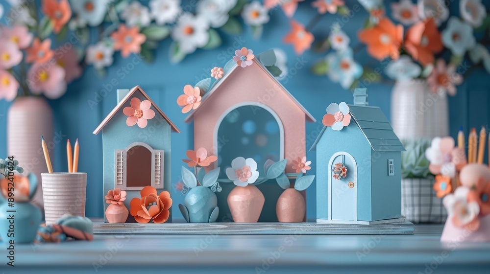 Poster Miniature paper houses and flowers on a blue table. AI.