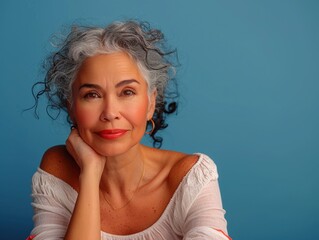 A thoughtful senior biracial woman with curly hair, wearing a white off-shoulder top, poses against a solid blue background.