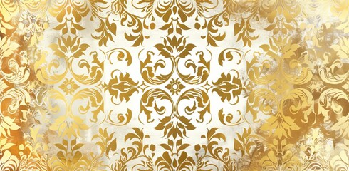 A modern illustration seamlessly patterns golden damask wallpaper suitable for presentations, marketing, decks, canvas for text-based compositions such as ads and book covers.