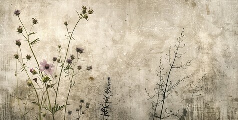 A vintage art drawing with light beige tones, a wallpaper showing dried flowers, and a texture background.