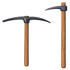 Metal pickaxe with wooden handle. Vector illustration of pickaxe on white background.