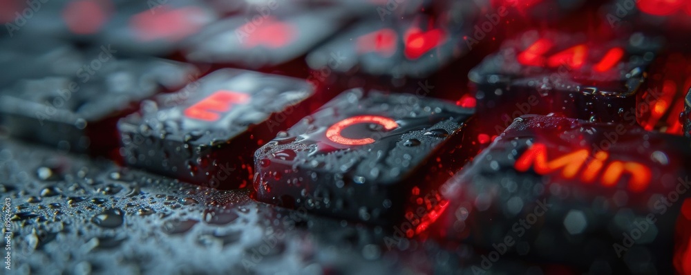 Poster close-up of a wet keyboard with glowing keys. ai.