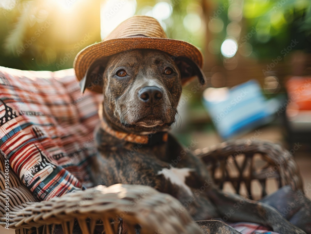 Poster A dog wearing a straw hat sits in a wicker chair. AI.