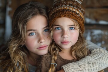 Obraz premium Tender sibling bond captured in a heartwarming photograph of two young girls with captivating blue eyes, natural light illuminating their serene expressions and cozy, rustic surroundings