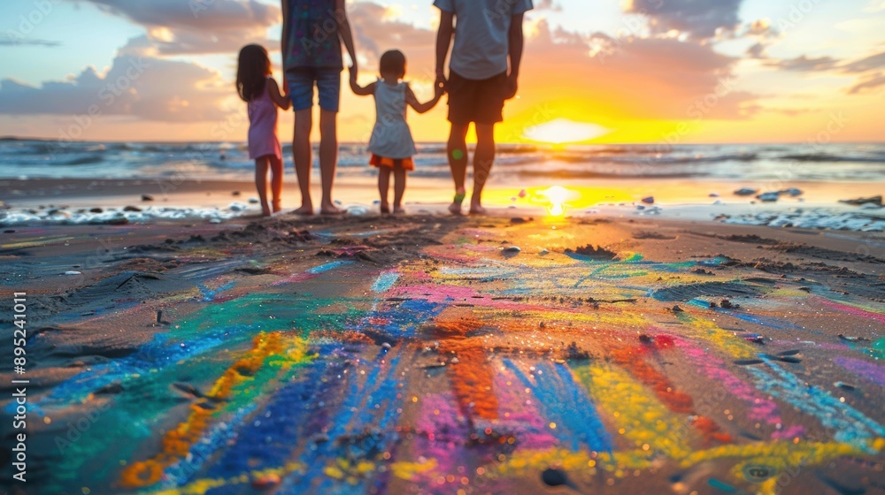 Sticker a family creates colorful art on the beach at sunset. ai.