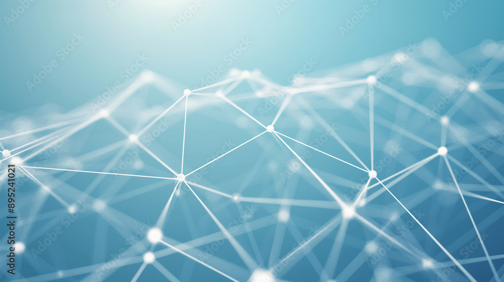 Poster white lines and nodes forming a digital network and global connection on a blue sky color backdrop, 