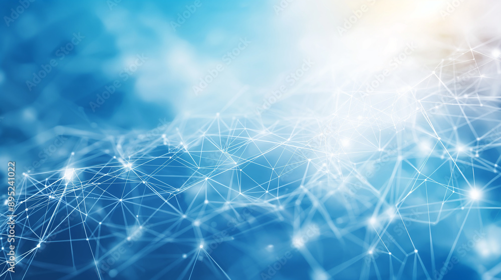 Poster blue sky color background with white digital network and global connection lines, illustrating the c