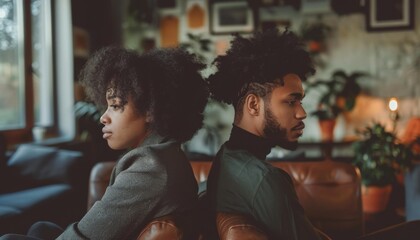 Obraz premium A couple sits back-to-back, reflecting on their relationship. AI.