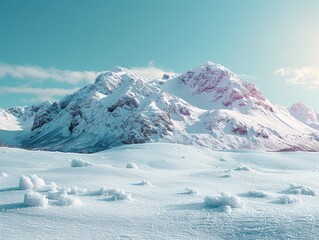 Obraz premium A stunning studio-quality shot of the Icelandic tundra, featuring snow-covered mountains under a clear, blue sky with minimal clouds.