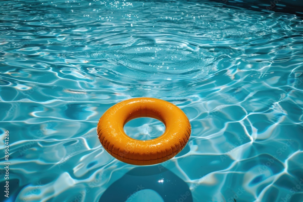 Poster a single yellow ring floating on the surface of calm pool water, suitable for use in travel or welln