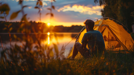 Peaceful camper by the lake, experiencing the beauty of a camping vacation. Digital nomad solo traveler, golden hour sunset, aspirational nature travel concept
