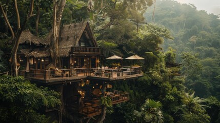 Fototapeta premium A treehouse nestled in a lush jungle. AI.