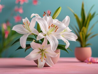 Obraz premium A beautiful arrangement of white Lily of the Incas flowers displayed in a pink pot against a pastel pink and turquoise background accentuated by blurred plants and blooms.