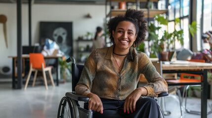 Inclusive image of a happy mixed race disabled woman sitting in a wheelchair, smiling confidently in a diverse and accessible fun office workplace, gay lesbian female employee thri