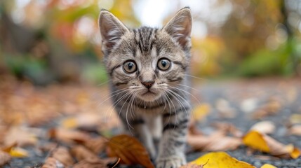 A close-up image of an adorable, curious tabby kitten with big eyes walking on a path covered with vibrant, colorful autumn leaves, capturing the essence of fall