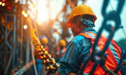 A construction worker in a hard hat and safety vest working on a large project. AI.