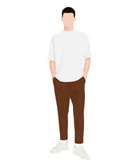 Fototapeta premium A man in a white t-shirt and brown pants, finished off with white sneakers. Minimalist style.