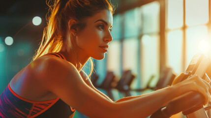 Radiant young woman cycling on an exercise bike, side view, having a great time in a lively gym spinning class