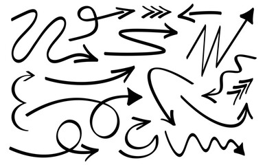 A diverse set of hand-drawn arrows in various styles and shapes. Vector illustration.