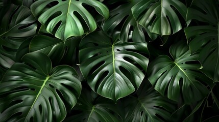 Fototapeta premium Lush green Monstera leaves create a serene and refreshing image. This verdant foliage evokes a tropical vibe. Ideal for nature-themed projects and calming visuals. 