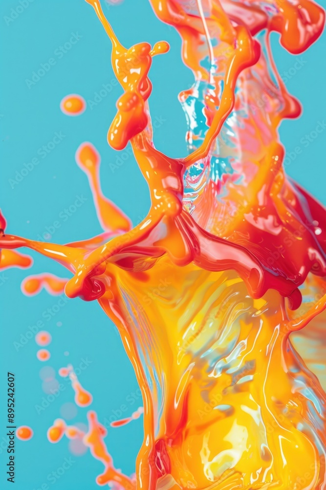 Poster A close-up shot of a liquid splash on a blue background, suitable for use in science and technology illustrations or as a design element