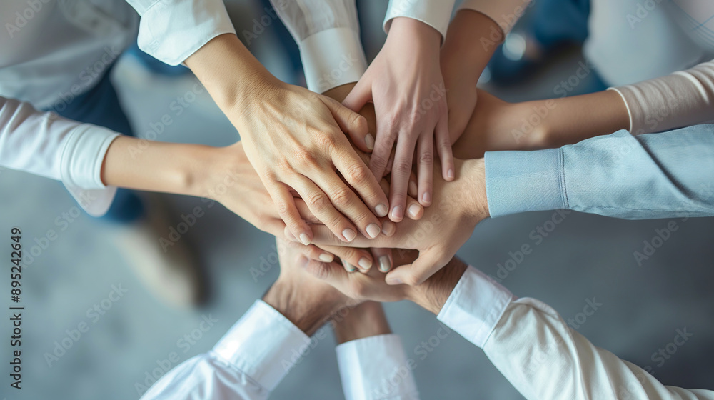 Poster business team from above, hands stacked together in a gesture of unity and cooperation. office setti