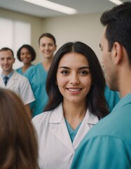 Fototapeta premium Group of healthcare professionals posing together, conveying teamwork and positivity in a medical environment.