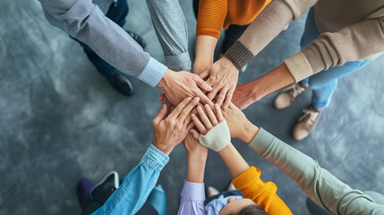 High-angle view of business people placing their hands together, signifying unity and collaboration in the office. The diverse team forms a powerful circle of trust and cooperation