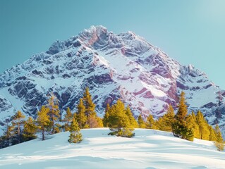A breathtaking winter landscape featuring snow-covered trees and a majestic mountainside under a clear blue sky, highlighting the serene beauty of nature.