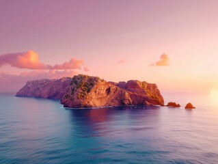 A stunning aerial view of the S&atilde;o Louren&ccedil;o coastline in Cani&ccedil;al, Madeira, showcasing a rugged island landscape bathed in a serene sunset glow over calm waters.