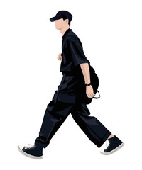 Vector illustration. A man in a dark tracksuit and sneakers, with a backpack. Sports image.