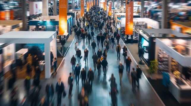 A fuzzy photo of a business expo, with various booths displaying products and people moving through the crowded hall, capturing the dynamic atmosphere of the event