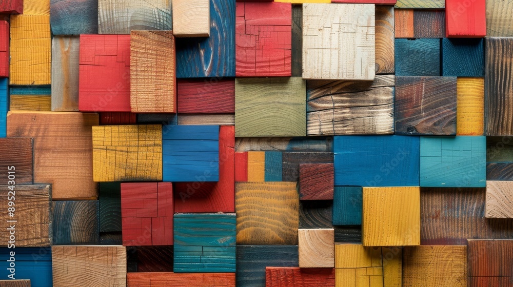 Poster a wood aged art architecture texture abstract block stack is displayed on the wall for background, a