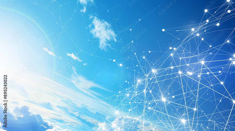 Aufkleber digital network and global connection illustrated with white lines and points on a blue sky color ba