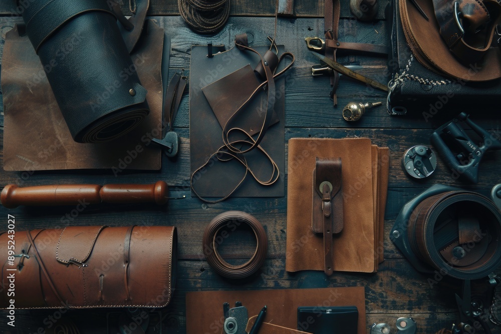 Poster a collection of leather items arranged on a table