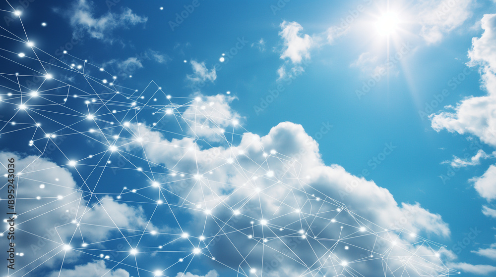 Poster digital network and global connection illustrated with white lines and points on a blue sky color ba