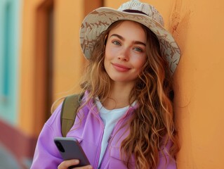 A woman with long, wavy hair is using a mobile phone while leaning against a colorful building on a sunny day. She is wearing a wide-brimmed hat and a casual outfit.