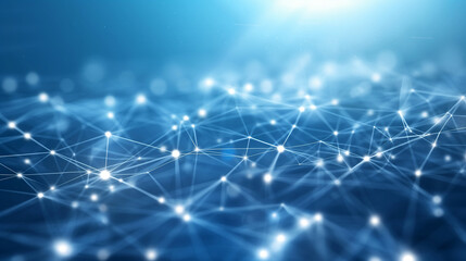 Abstract technology background featuring white lines and nodes forming a digital network and global connection on a blue sky color background