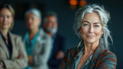 Fototapeta premium A confident businesswoman with gray hair stands in the foreground, smiling confidently, with blurred colleagues in the background. The setting appears to be a professional environment.