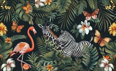 Trees, flowers, and jungle animals form a seamless border. Modern illustration.