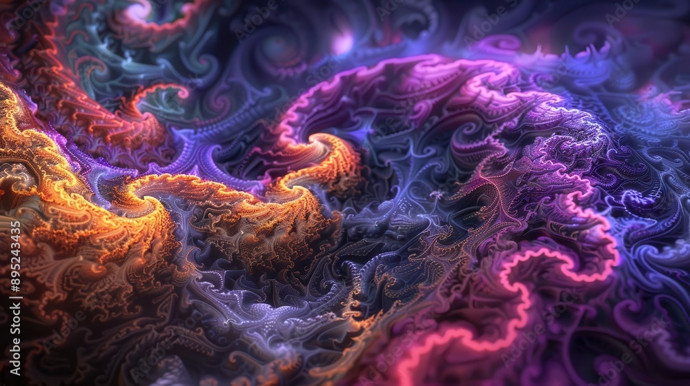 Wall mural mesmerizing 3d fractal landscape pulsating with vibrant energy swirling vortexes of iridescent color