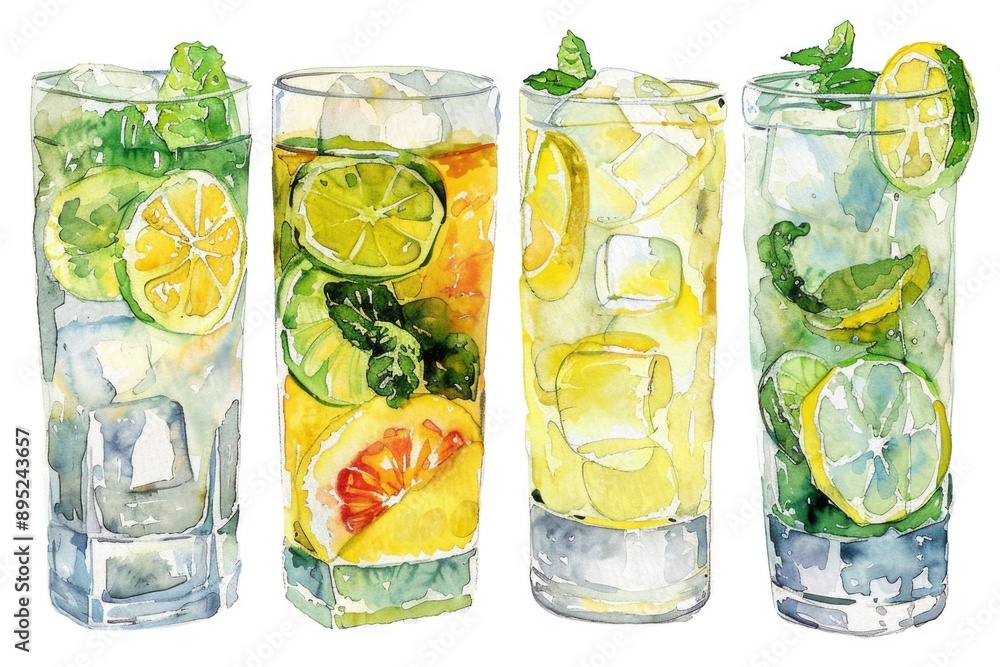 Poster a selection of four glasses filled with different beverages