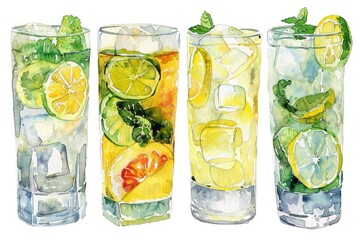 A selection of four glasses filled with different beverages
