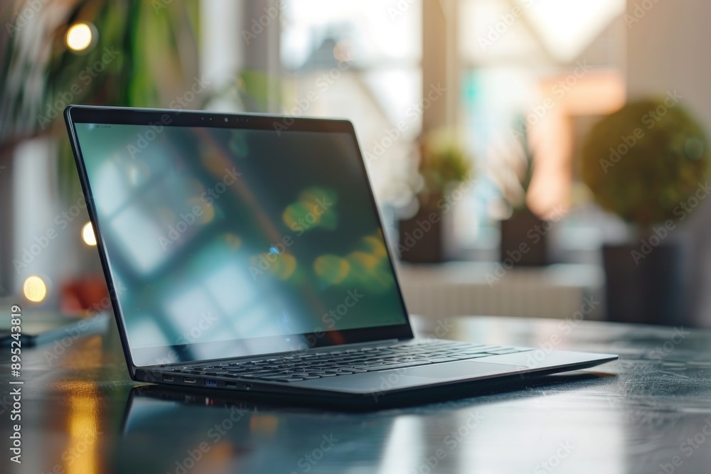 Poster a laptop computer placed on a wooden table, ready for use